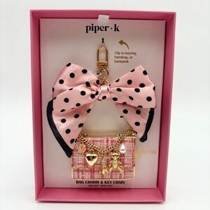 Piper K Bag Charm Key Chain Pink Tweed Purse Bow Gold Tone Cute Fun Accessory